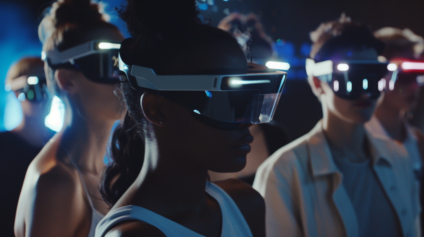 a group of people are standing in a dark room, all wearing large glasses type devices o the faces