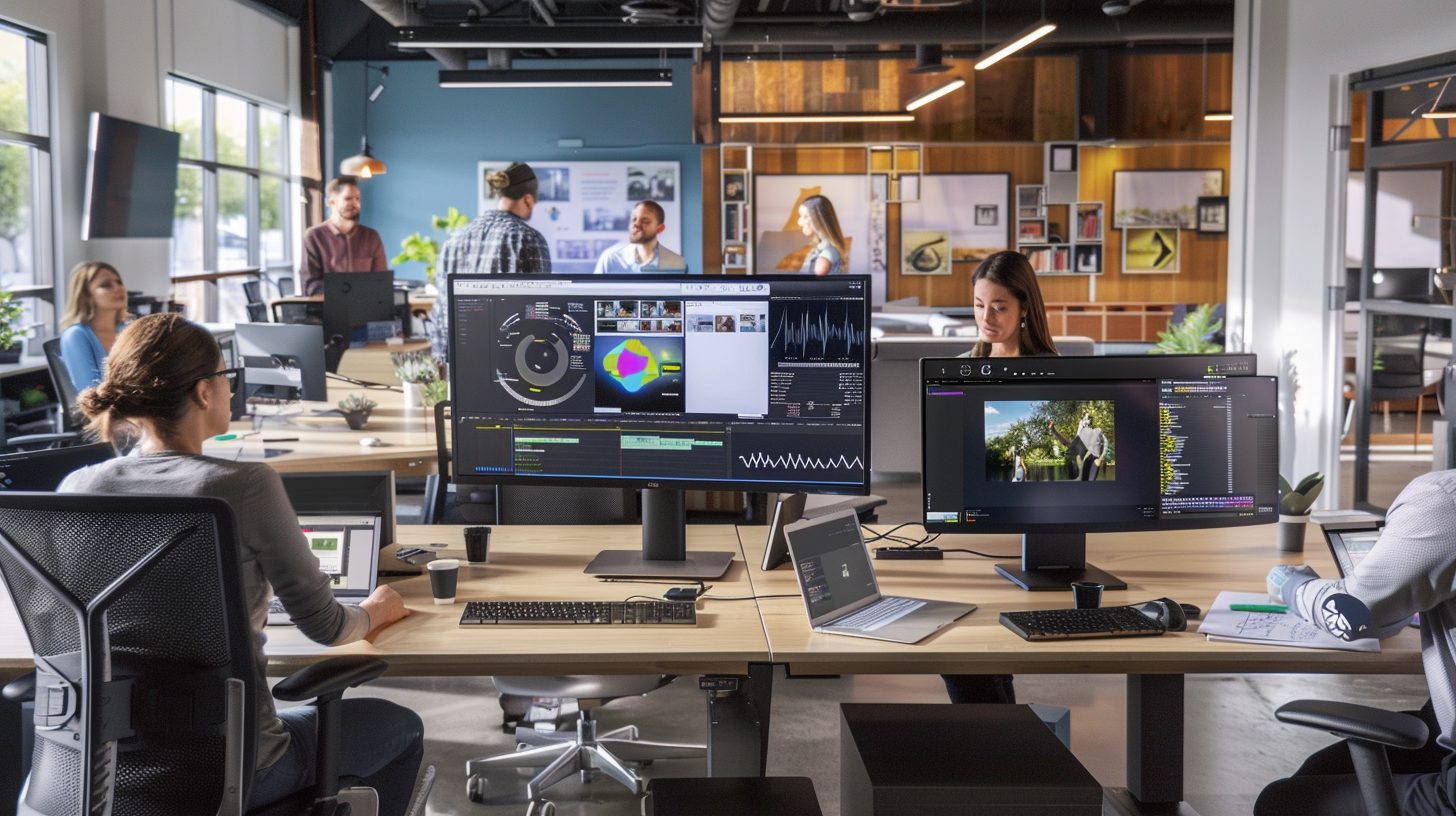 multiple people working in a technology advanced office. the people are sitting at desks with computers around them.
