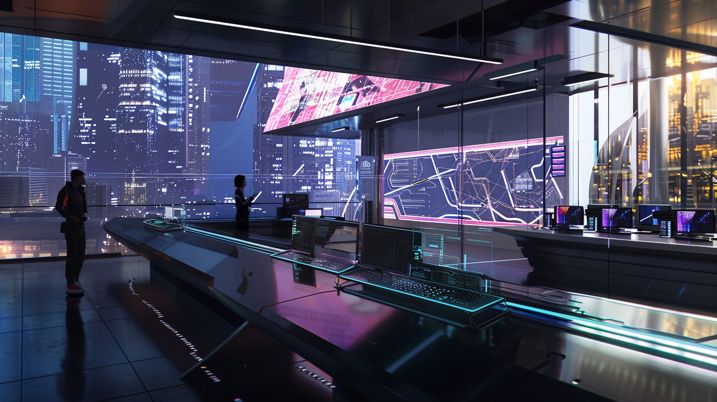 A sleek, futuristic workspace illuminated by soft, ambient lighting showcases numerous monitors displaying intricate neural networks and vibrant data visualizations.