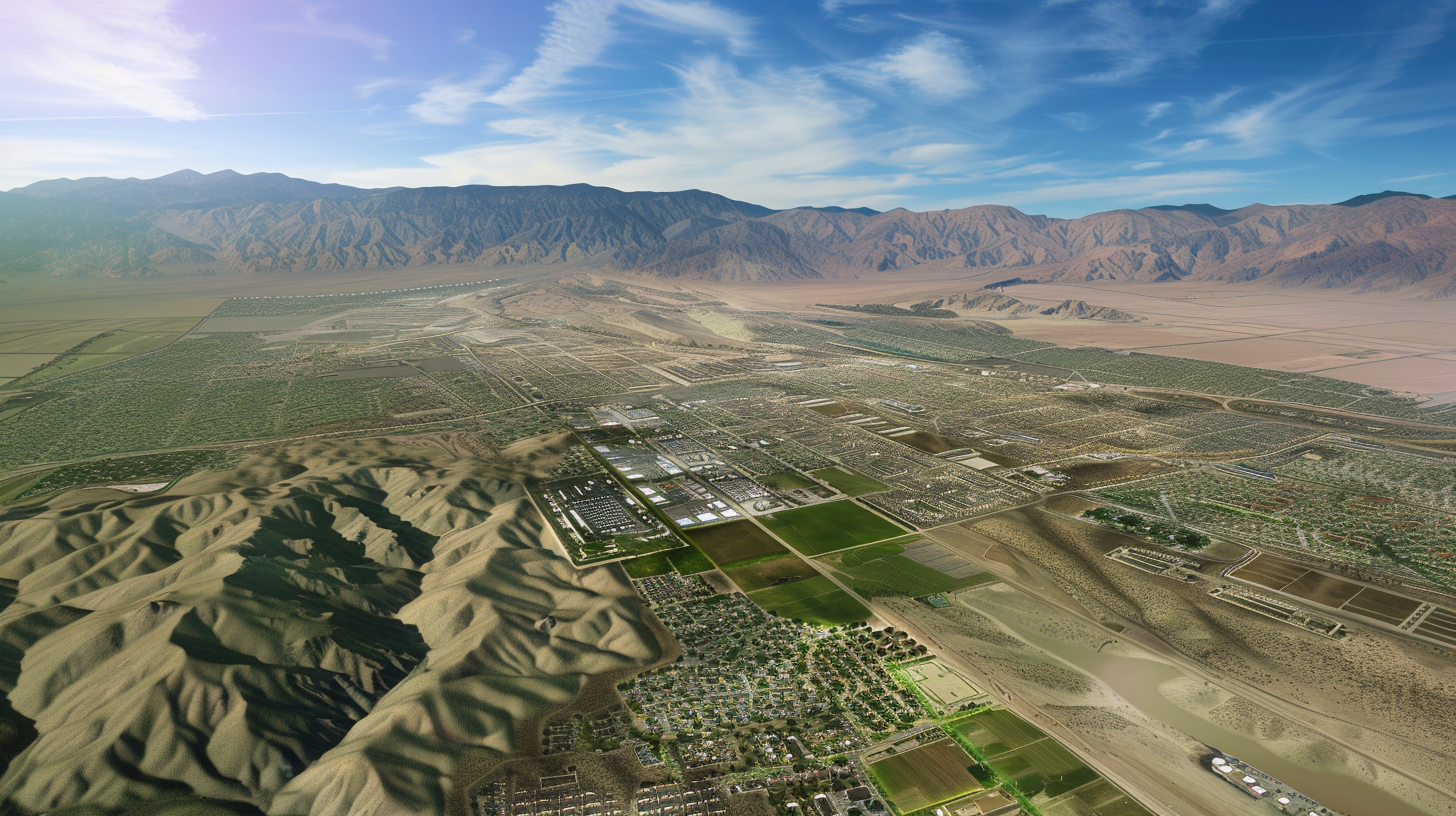 A sweeping aerial view captures the expansive Wonder Valley Development, a sleek oasis of modern architecture amidst sprawling desert. Gleaming silver data centers, adorned with solar panels, reflect the warm golden light of the setting sun. In the foreground, vibrant green landscaping contrasts with the rugged terrain, while distant mountains loom, enshrined in a soft haze. The pristine blue sky is streaked with wispy clouds, exuding a sense of harmony between technology and nature.