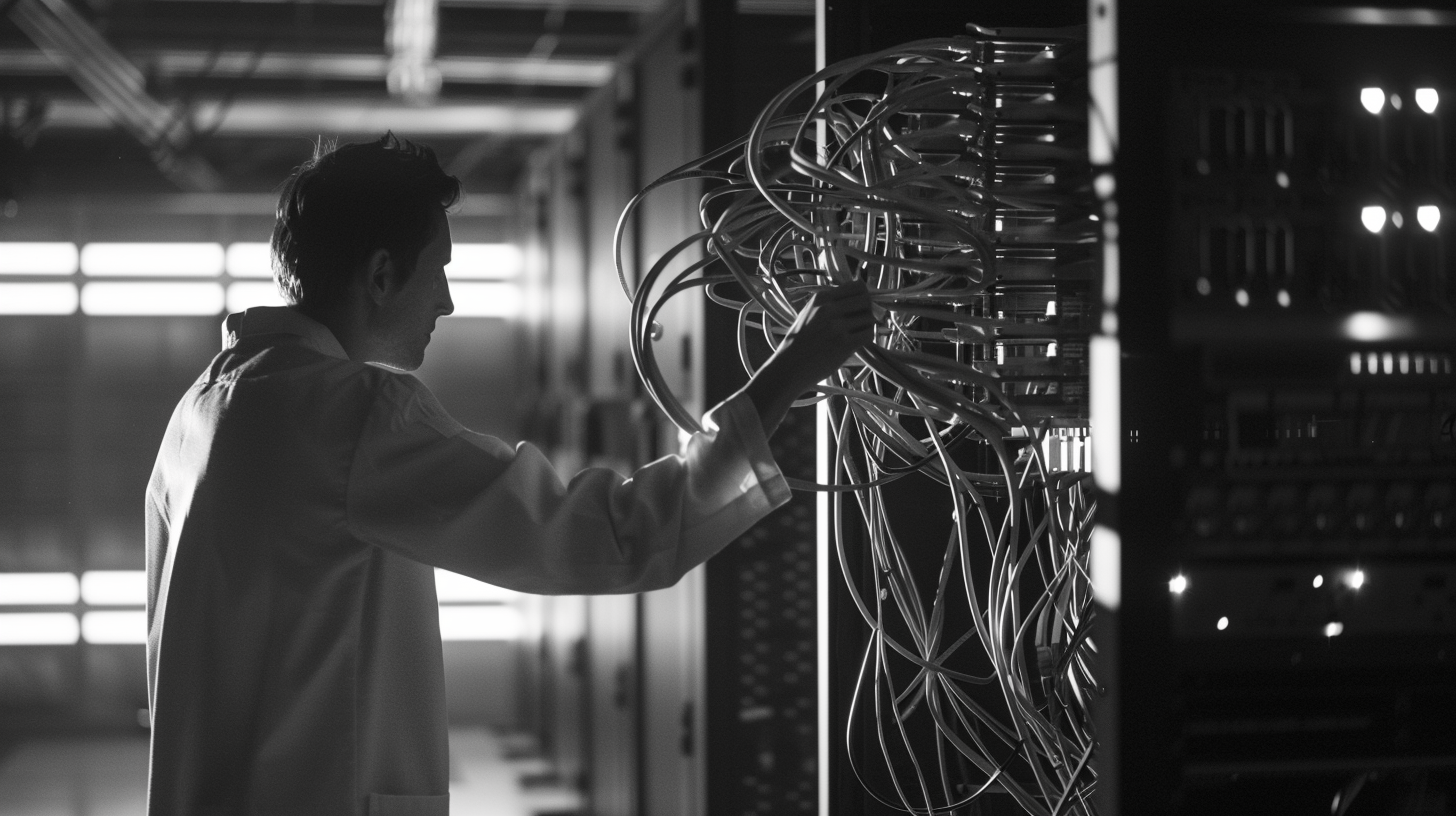 a man with a white lab coat standing in a room with large computers. the man is grabbing some wires from one of the machines.