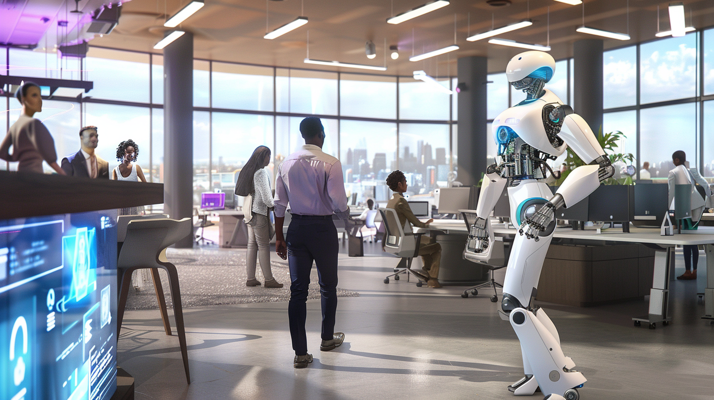 a bustling office scene with a diverse group of professionals working alongside futuristic AI agents.