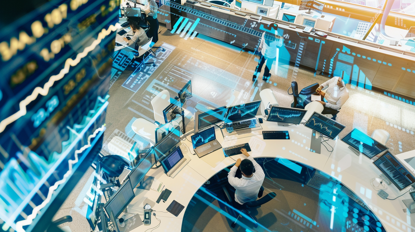 a high-angle shot of a bustling stock exchange floor showcasing a diverse range of screens displaying AI technology stocks trading below $10. The traders are frantically typing on keyboards, while graphs and numbers flicker across multiple monitors. In the background, a giant digital ticker flashes real-time price updates. The scene is filled with a sense of urgency and excitement, reflecting the fast-paced nature of AI investments at an affordable price point.