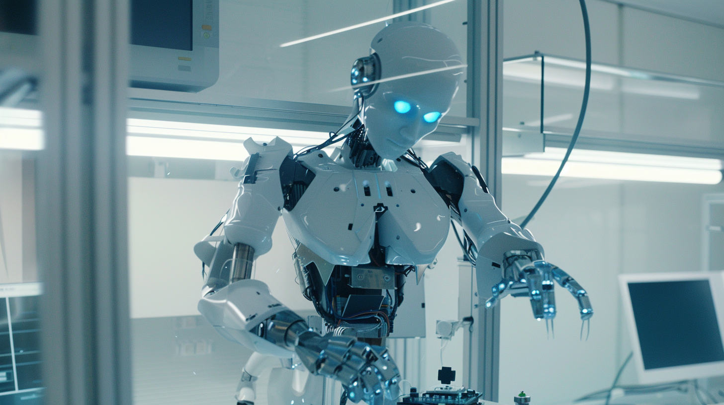 a robot with glowing blue eyes standing in a laboratory behind glass