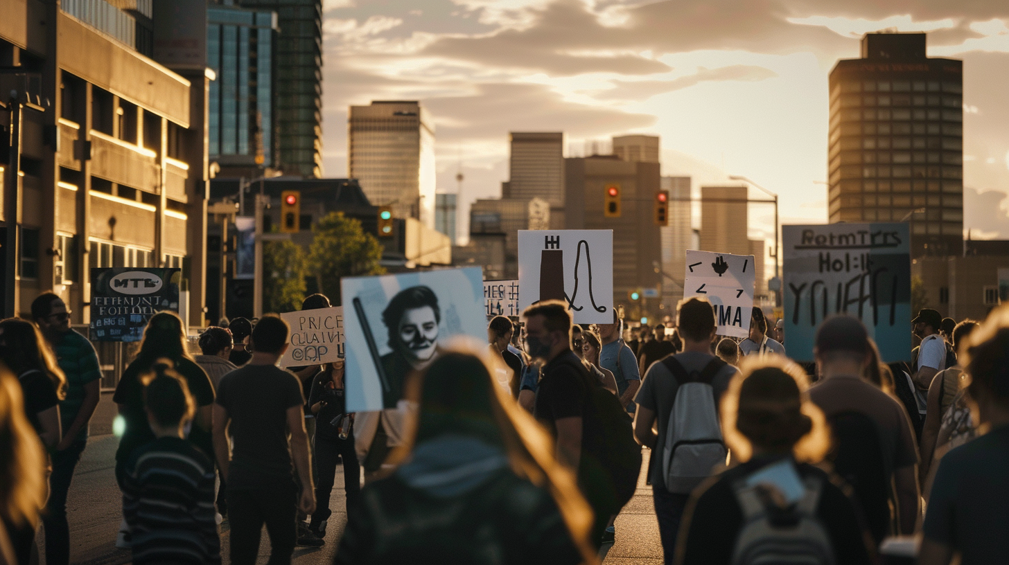 a bustling Edmonton street, framed by the warm glow of golden hour. In the foreground, a diverse group of people, engaged in animated conversation, holds signs depicting scamming tactics--the iconic phishing hook and a masked figure. Behind them, the iconic Edmonton skyline looms, subtly hinting at the city's resilience. A few individuals exhibit expressions of determination and camaraderie, while the soft bokeh of fading sunlight emphasizes hope amid the shadows of deceit.