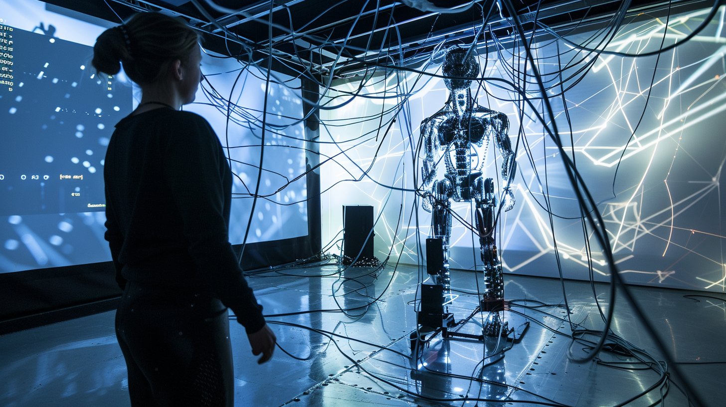 ai robot attached with wires to the dimly lit wall. A human stands in the shadows staring at the robot.